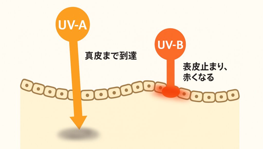 「UV-A」と「UV-B」の肌に届き方の違いのイラスト